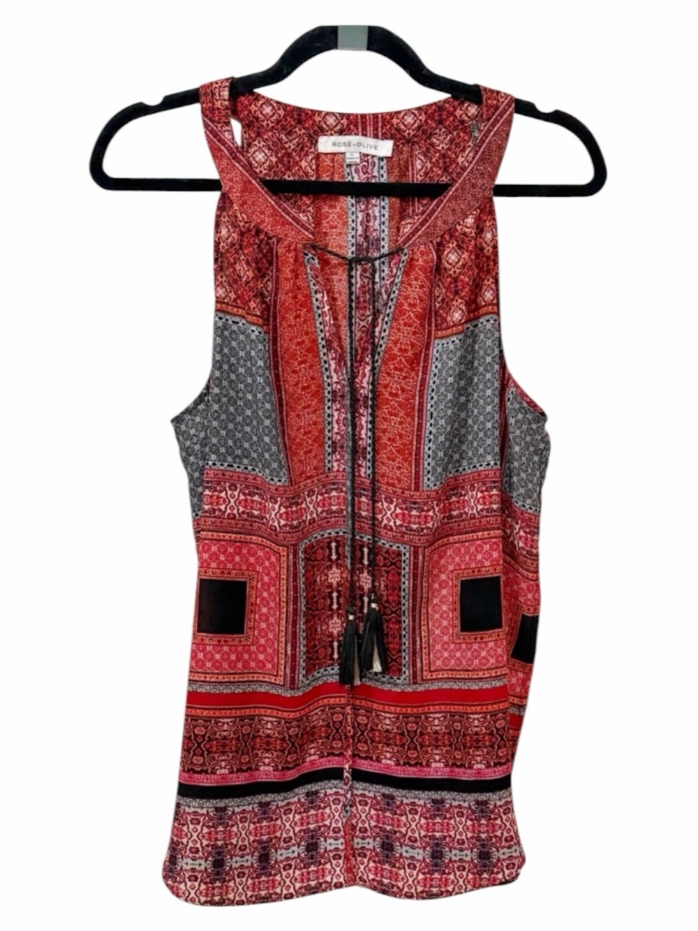 Rose & Olive Red and Black Boho Tie-Front Blouse